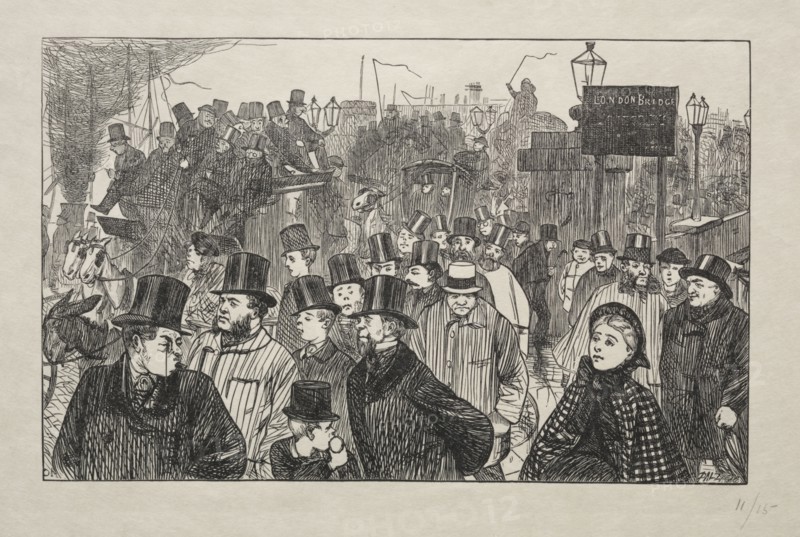 The Living Stream at London Bridge - On the Bridge, 1863. George Louis Palmella Busson Du Maurier (British, 1834-1896). Wood engraving
