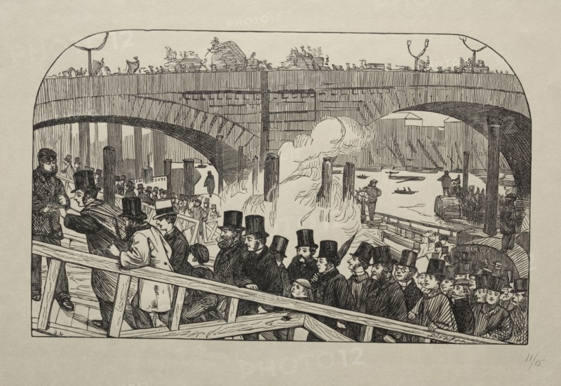 The Living Stream at London Bridge - Under the Bridge, 1863. George Louis Palmella Busson Du Maurier (British, 1834-1896). Wood engraving
