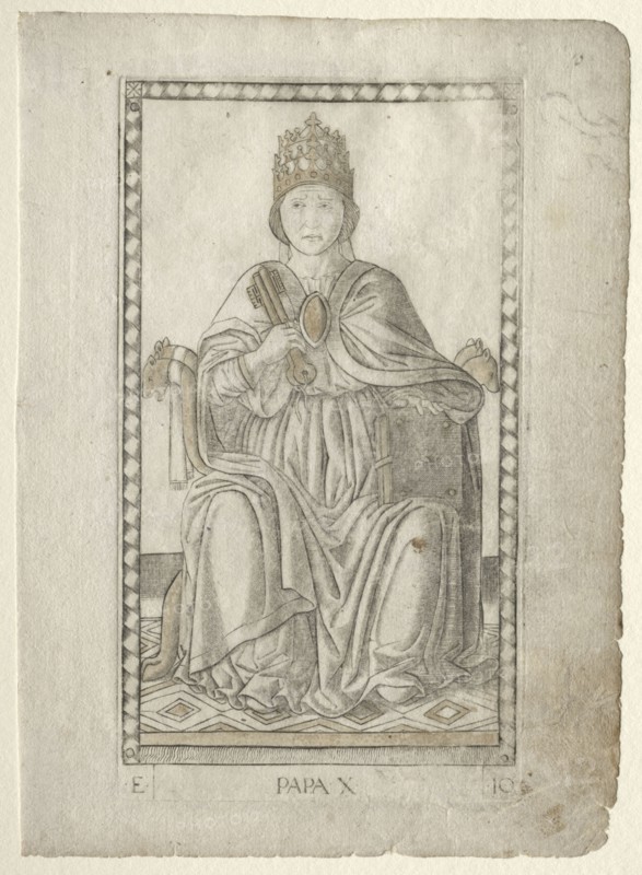 The Pope (from the Tarocchi, series E: Conditions of Man, #10), before 1467. Master of the E-Series Tarocchi (Italian, 15th century). Engraving hand-colored with gold