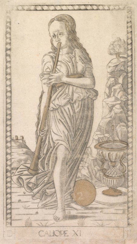 Calliope (from the Tarocchi series D:  Apollo and the Muses, #11), before 1467. Master of the E-Series Tarocchi (Italian, 15th century). Engraving hand-colored with gold