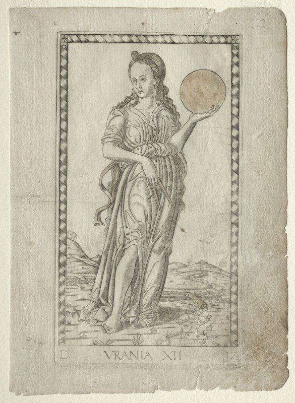 Urania (astronomy) (from the Tarocchi series D:  Apollo and the Muses, #12), before 1467. Master of the E-Series Tarocchi (Italian, 15th century). Engraving hand-colored with gold