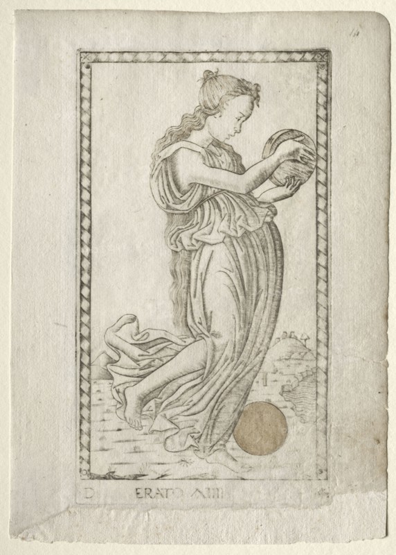 Erato (lyric and love poetry) (from the Tarocchi series D:  Apollo and the Muses, #14), before 1467. Master of the E-Series Tarocchi (Italian, 15th century). Engraving