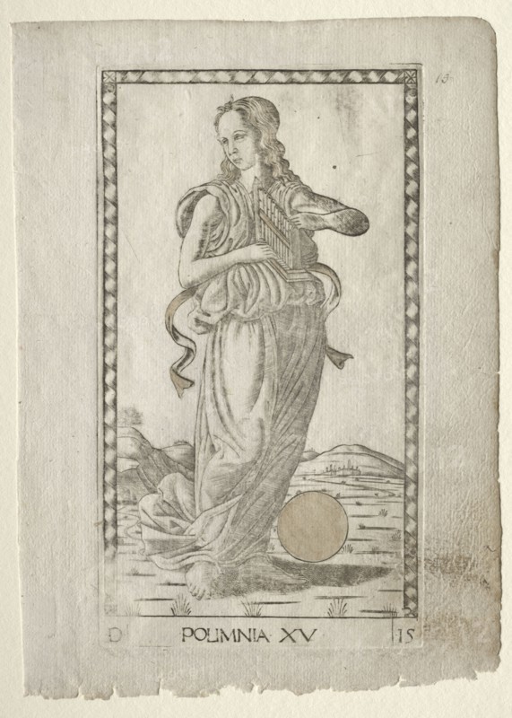 Polyhymnia (heroic hymns) (from the Tarocchi series D:  Apollo and the Muses, #15), before 1467. Master of the E-Series Tarocchi (Italian, 15th century). Engraving hand-colored with gold