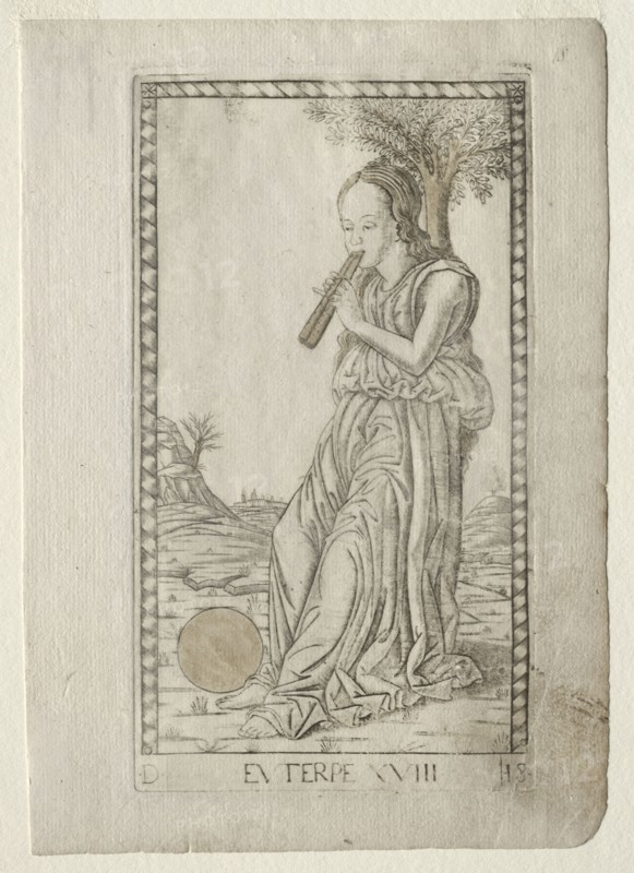 Euterpe (music, lyric poetry) (from the Tarocchi series D:  Apollo and the Muses, #18), before 1467. Master of the E-Series Tarocchi (Italian, 15th century). Engraving hand-colored with gold