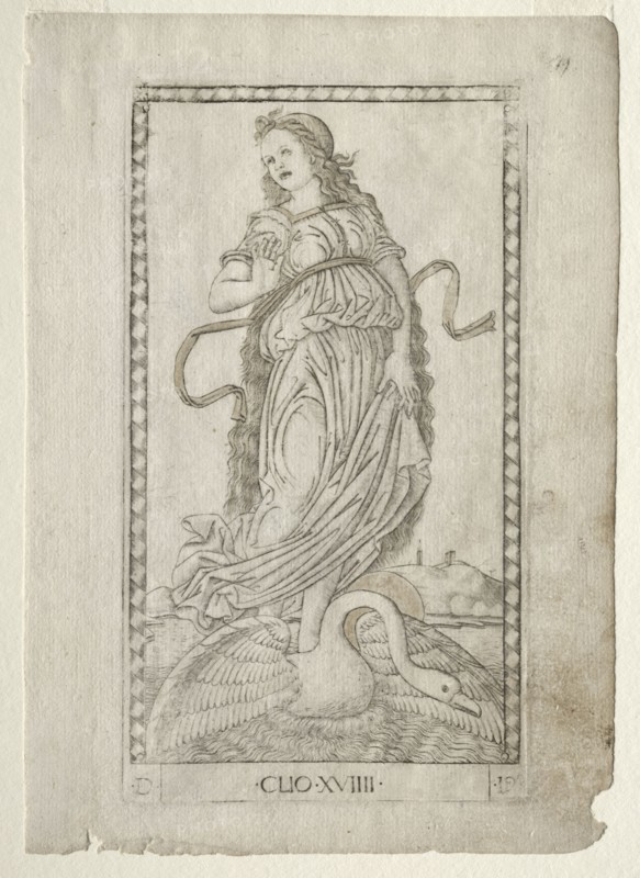 Clio (history) (from the Tarocchi series D:  Apollo and the Muses, #19), before 1467. Master of the E-Series Tarocchi (Italian, 15th century). Engraving hand-colored with gold