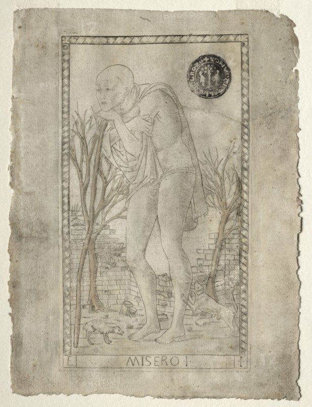 The Beggar (from the Tarocchi, series E: Conditions of Man, #1), before 1467. Master of the E-Series Tarocchi (Italian, 15th century). Engraving hand-colored with gold