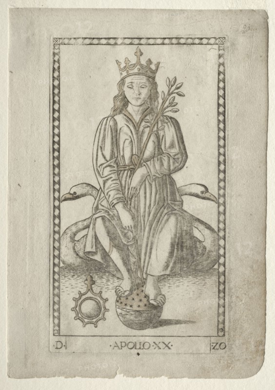Apollo (from the Tarocchi, series D:  Apollo and the Muses, #20), before 1467. Master of the E-Series Tarocchi (Italian, 15th century). Engraving hand-colored with gold
