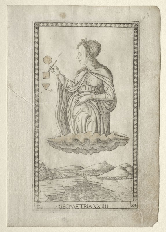 Geometry (from the Tarocchi, series C:  Liberal Arts, #24), before 1467. Master of the E-Series Tarocchi (Italian, 15th century). Engraving, hand-colored with gold