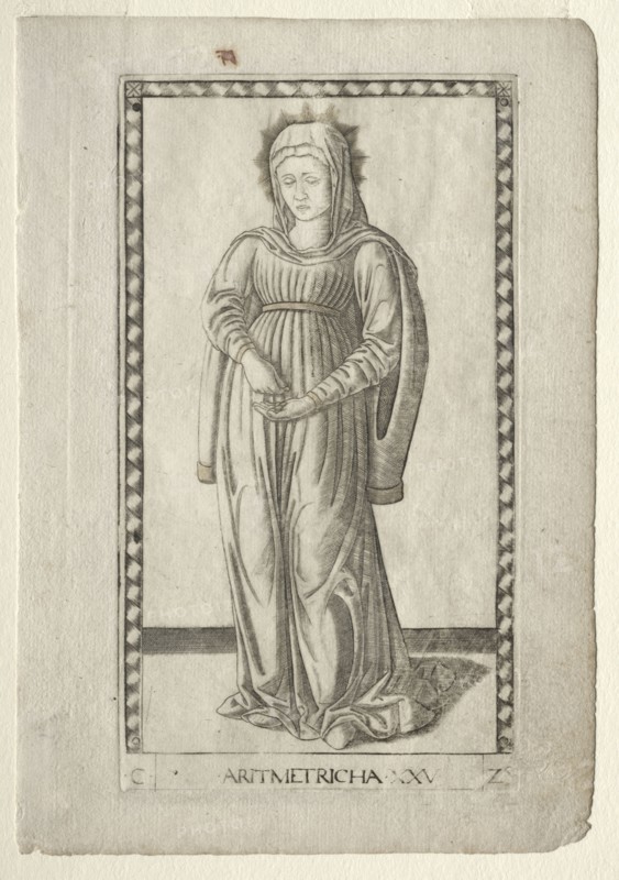 Arithmetic (from the Tarocchi, series C:  Liberal Arts, #25), before 1467. Master of the E-Series Tarocchi (Italian, 15th century). Engraving