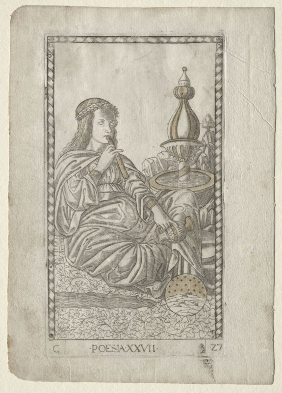 Poetry (from the Tarocchi, series C:  Liberal Arts, #27), before 1467. Master of the E-Series Tarocchi (Italian, 15th century). Engraving, hand-colored with gold
