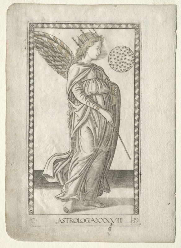 Astrology (from the Tarocchi, series C:  Liberal Arts, #29), before 1467. Master of the E-Series Tarocchi (Italian, 15th century). Engraving, hand-colored with gold