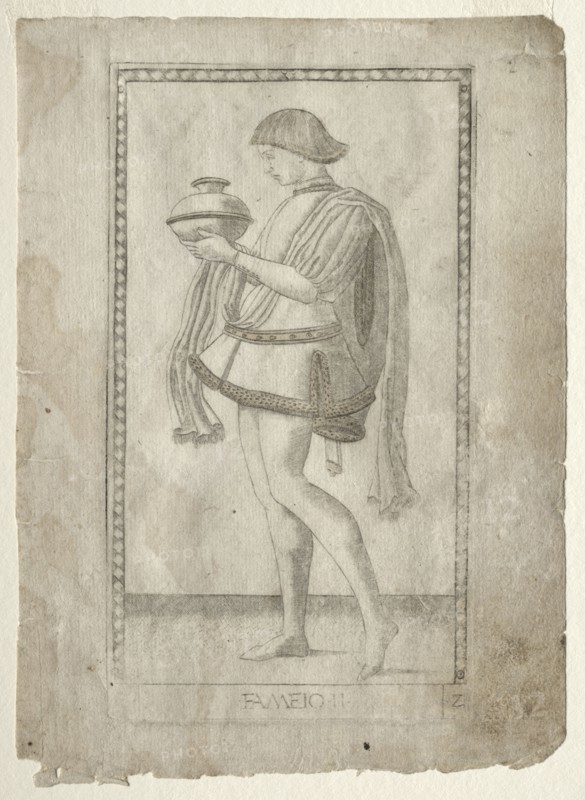 The Servant (from the Tarocchi, series E: Conditions of Man, #2), before 1467. Master of the E-Series Tarocchi (Italian, 15th century). Engraving hand-colored with gold