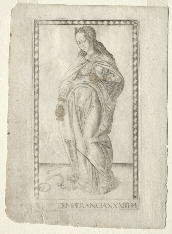 Temperance (from the Tarocchi, series B: Cosmic Principles & Virtues, #34), before 1467. Master of the E-Series Tarocchi (Italian, 15th century). Engraving