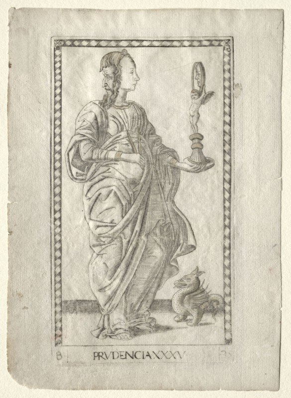 Prudence (from the Tarocchi, series B: Cosmic Principles & Virtues, #35), before 1467. Master of the E-Series Tarocchi (Italian, 15th century). Engraving, hand-colored with gold