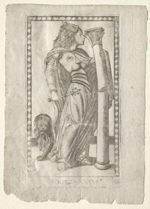 Forteza (from the Tarocchi, series B: Cosmic Principles & Virtues, #36), before 1467. Master of the E-Series Tarocchi (Italian, 15th century). Engraving, hand-colored with gold