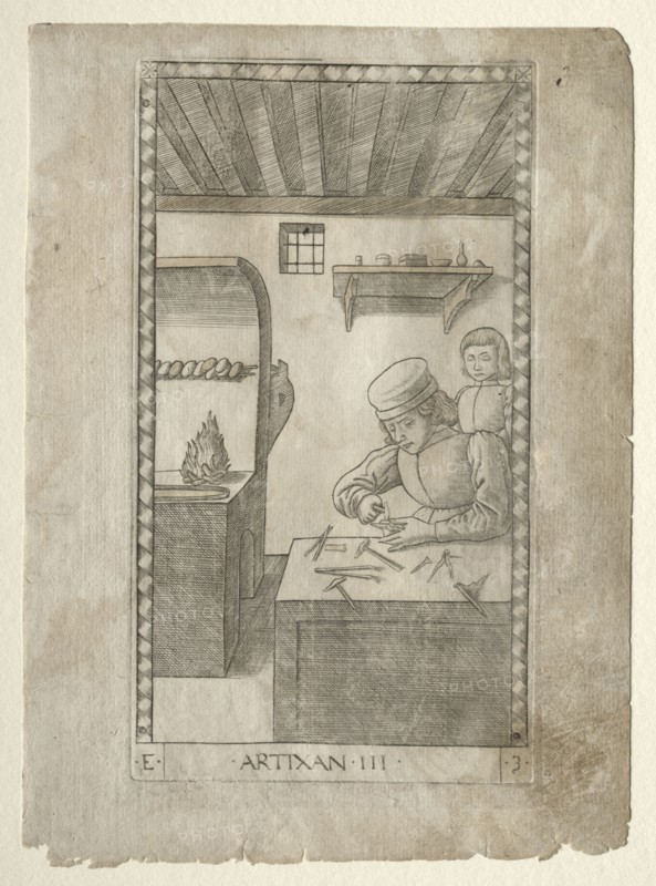 The Artisan (from the Tarocchi, series E: Conditions of Man, #3), before 1467. Master of the E-Series Tarocchi (Italian, 15th century). Engraving hand-colored with gold