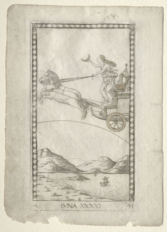 Luna (from the Tarocchi, series A:  Firmaments of the Universe, #41), before 1467. Master of the E-Series Tarocchi (Italian, 15th century). Engraving