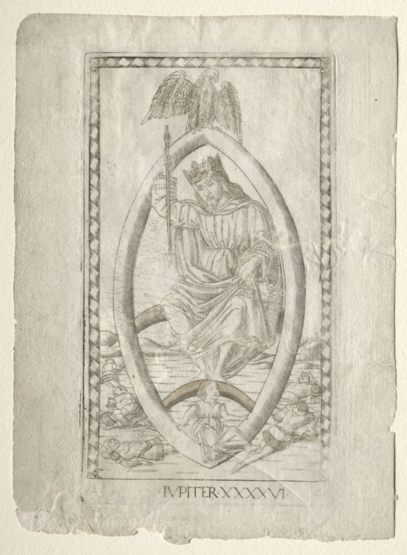 Jupiter (from the Tarocchi, series A:  Firmaments of the Universe, #46), before 1467. Master of the E-Series Tarocchi (Italian, 15th century). Engraving