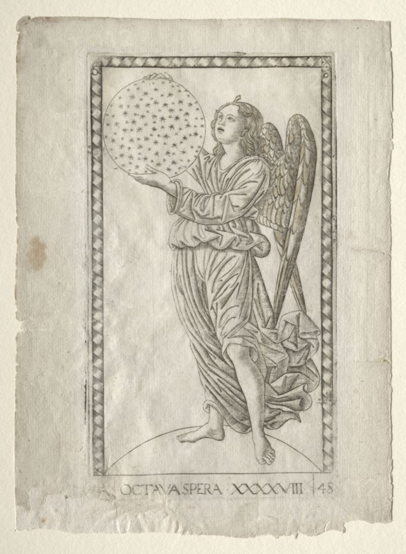 The Angel of the Eighth Sphere (from the Tarocchi, series A:  Firmaments of the Universe, #48), before 1467. Master of the E-Series Tarocchi (Italian, 15th century). Engraving