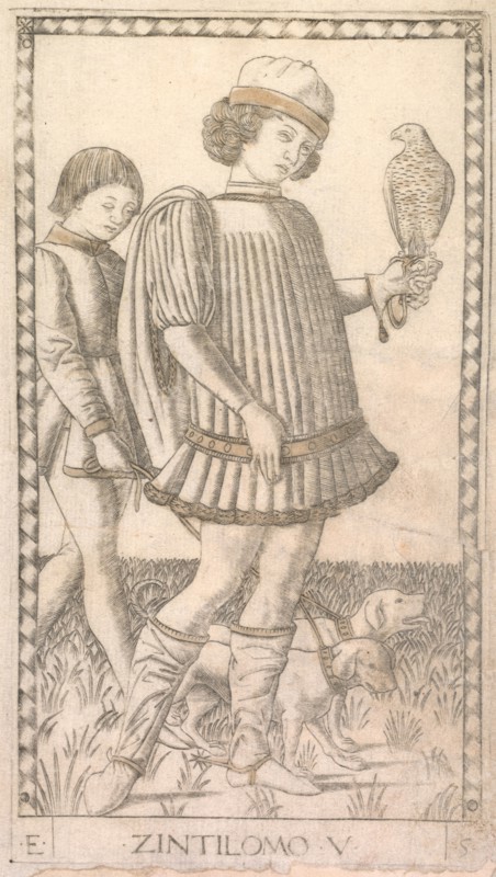 Gentleman (from the Tarocchi series E: Conditions of Man, #5), c. 1465. Master of the E-Series Tarocchi (Italian, 15th century). Engraving, hand-colored with gold