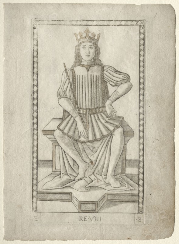 The King (from the Tarocchi, series E: Conditions of Man, #8), before 1467. Master of the E-Series Tarocchi (Italian, 15th century). Engraving hand-colored with gold