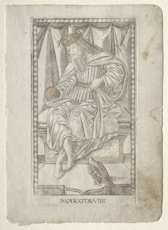 The Emperor (from the Tarocchi, series E: Conditions of Man, #9), before 1467. Master of the E-Series Tarocchi (Italian, 15th century). Engraving hand-colored with gold