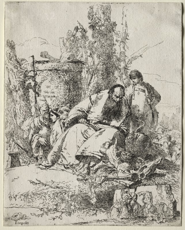 Scherzi:  seated Magician, boy and four figures, 1735-40. Giovanni Battista Tiepolo (Italian, 1696-1770). Etching