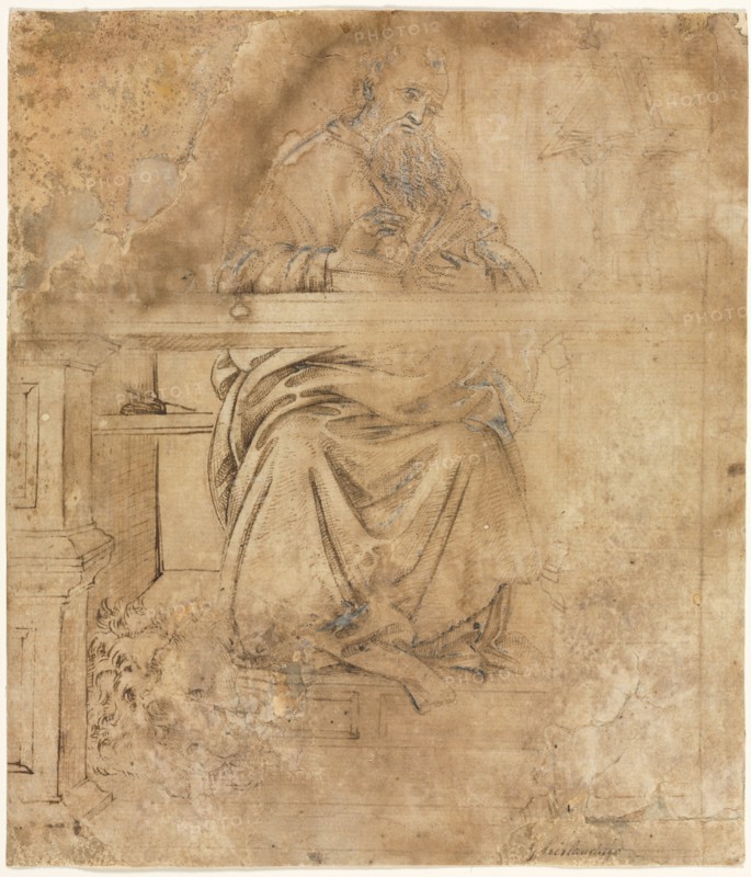 St. Jerome in His Study, c. 1490. Filippino Lippi (Italian, 1457-1504). Pen and brown ink over traces of black chalk(?), with brush and brown wash, heightened with lead white; pricked; sheet: 24 x 20.8 cm (9 7/16 x 8 3/16 in.); secondary support: 24.2 x 20.8 cm (9 1/2 x 8 3/16 in.).