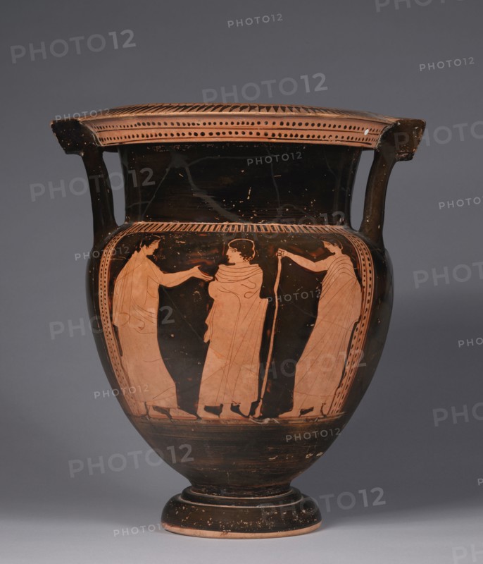 Krater with Column Handles, 400s BC. Greece, 5th Century BC. Red-figure terracotta; overall: 41.5 cm (16 5/16 in.).
