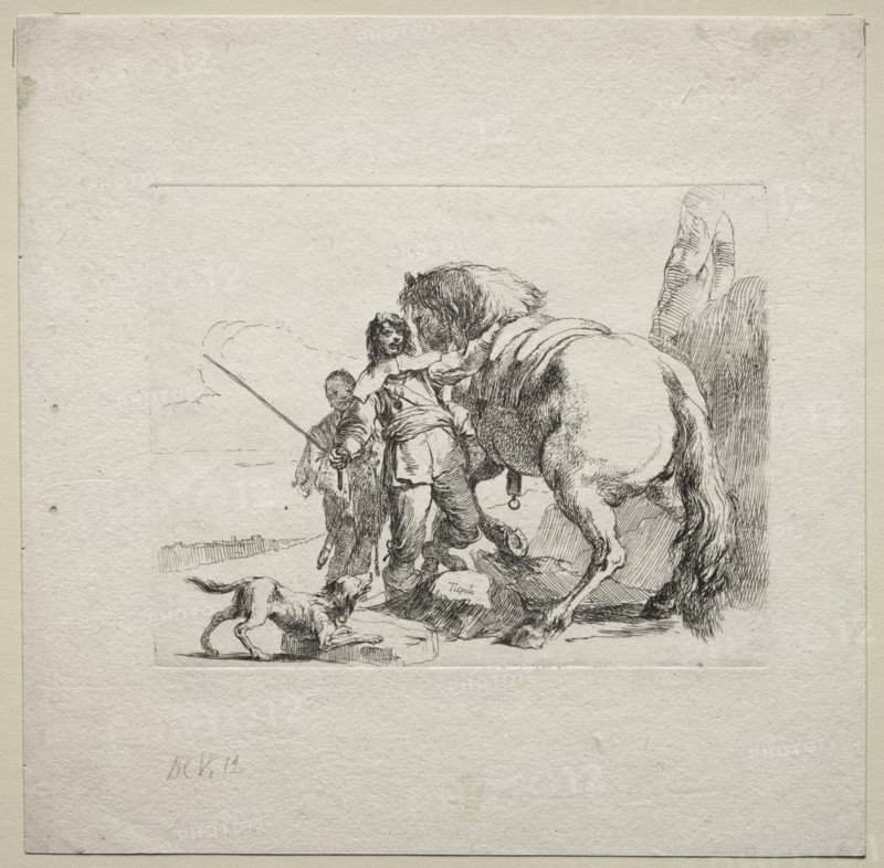 Various Caprices:  The Cavalier Mounting his Horse, 1785. Giovanni Battista Tiepolo (Italian, 1696-1770). Etching