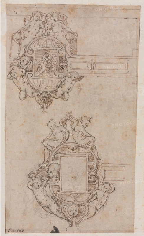 Design for Decorative Hinges (recto) Border Lines (verso), mid 1500s. Luzio Romano (Italian, active 1528-75). Pen and brown ink over black chalk; framing lines in brown ink (lower left, upper right); sheet: 29.8 x 17.5 cm (11 3/4 x 6 7/8 in.).