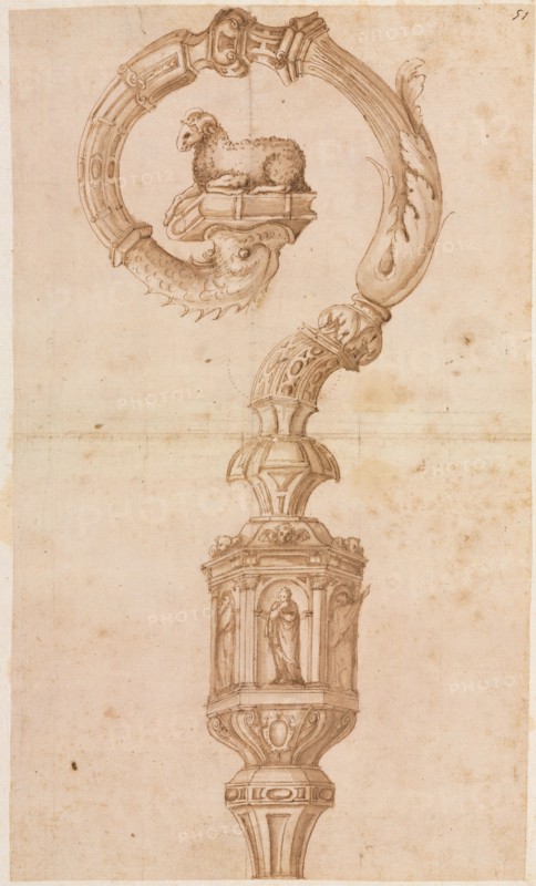 Design for a Crozier, mid 1500s. Luzio Romano (Italian, active 1528-75). Pen and brown ink and brush and brown wash; pricked (bottom half); sheet: 38.8 x 23.2 cm (15 1/4 x 9 1/8 in.); secondary support: 43.4 x 26.5 cm (17 1/16 x 10 7/16 in.).