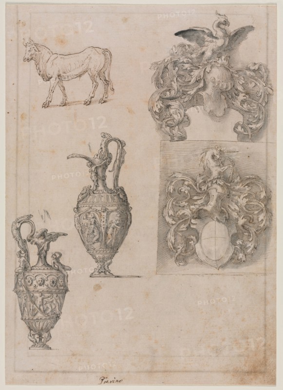 Design for Two Vases, Two Coats of Arms, and a Bull, mid 1500s. Luzio Romano (Italian, active 1528-75). Pen and brown ink and brush and gray and brown wash over black chalk; sheet: 29.7 x 21.3 cm (11 11/16 x 8 3/8 in.); secondary support: 29.7 x 21.3 cm (11 11/16 x 8 3/8 in.).