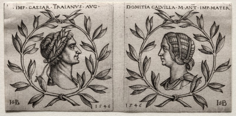 Busts of Emperor Trajan and Domitia Calvilla, 1546. Hans Sebald Beham (German, 1500-1550). Engraving