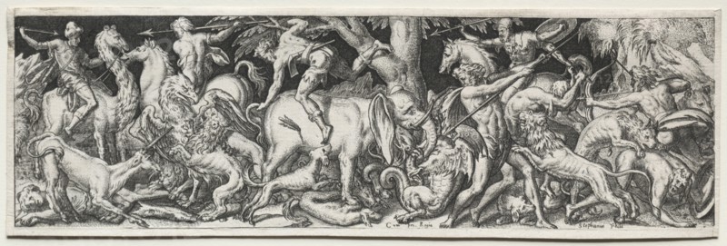 Combats and Triumphs. Etienne Delaune (French, 1518/19-c. 1583). Engraving; image: 6.6 x 21.9 cm (2 5/8 x 8 5/8 in.); secondary support: 7.1 x 22.3 cm (2 13/16 x 8 3/4 in.)