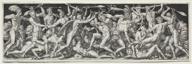 Combats and Triumphs. Etienne Delaune (French, 1518/19-c. 1583). Engraving; image: 6.5 x 21.9 cm (2 9/16 x 8 5/8 in.); secondary support: 7.1 x 22.3 cm (2 13/16 x 8 3/4 in.)