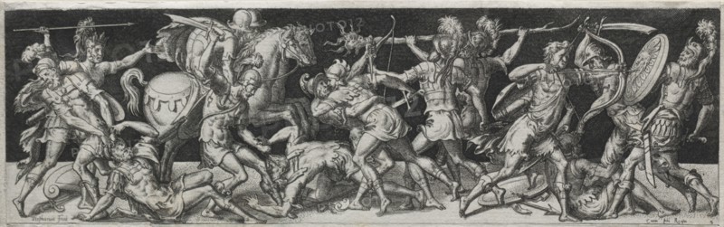 Combats and Triumphs, probably 1560s. Etienne Delaune (French, 1518/19-c. 1583). Engraving; image: 6.5 x 21.9 cm (2 9/16 x 8 5/8 in.); secondary support: 7 x 22.5 cm (2 3/4 x 8 7/8 in.).