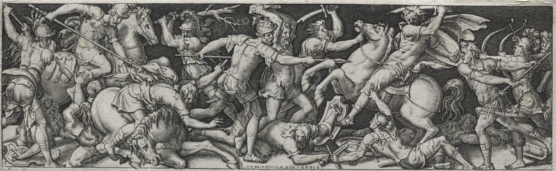 Combats and Triumphs, probably 1560s. Etienne Delaune (French, 1518/19-c. 1583). Engraving; image: 6.5 x 21.9 cm (2 9/16 x 8 5/8 in.); secondary support: 7 x 22.5 cm (2 3/4 x 8 7/8 in.)