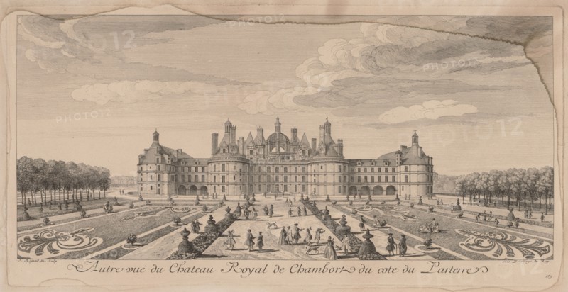 Chateau Chambord from the Gardens. Jacques Rigaud (French, 1681-1754). Engraving