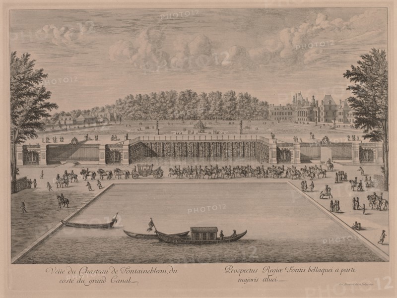 Chateau Fontainebleau from the Grand Canal. Jacques Rigaud (French, 1681-1754). Engraving