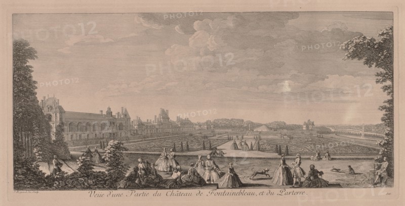 Chateau Fontainebleau and Gardens. Jacques Rigaud (French, 1681-1754). Engraving