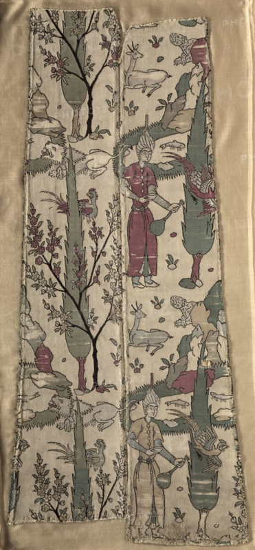 Wine bearers in landscape, from a robe, 1525-1550. Iran, Safavid period. Lampas: silk; overall: 83.5 x 37.5 cm (32 7/8 x 14 3/4 in.).