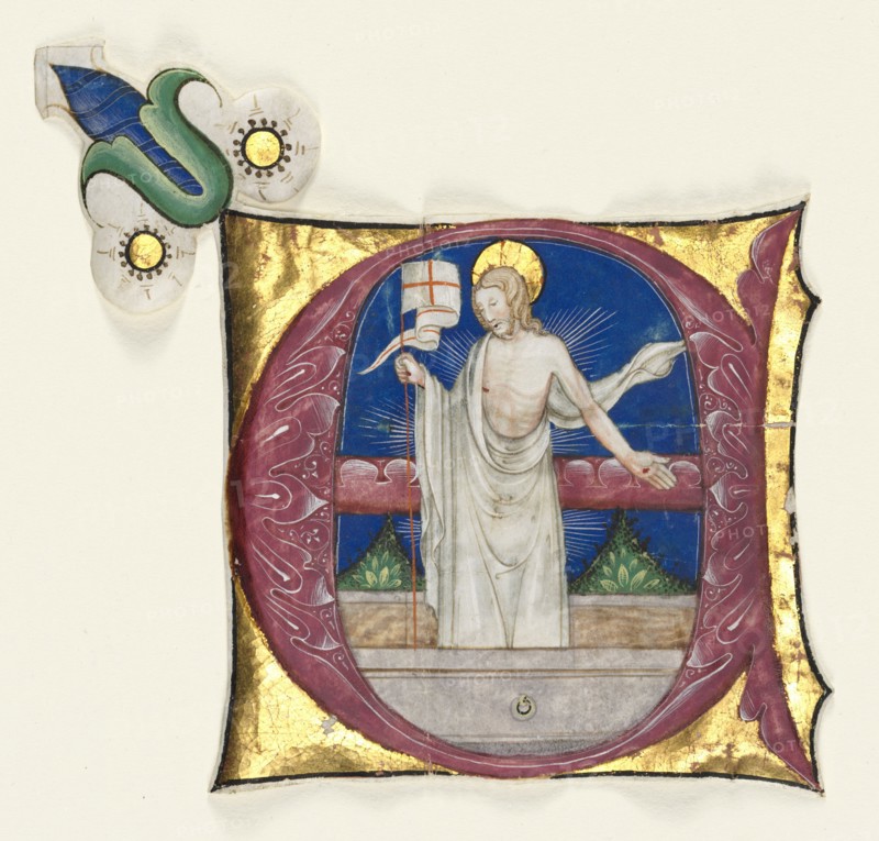 Historiated Initial (E) Excised from an Antiphonary: Risen Christ in the Tomb, c. 1420-1450. Italy, Milan, 15th century. Ink, tempera, and gold on parchment; sheet: 13.4 x 14 cm (5 1/4 x 5 1/2 in.)