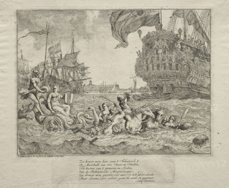 The River IJ and Seascapes: The Personification of Amsterdam Riding in Neptune's Chariot, 1701. Ludolf Backhuysen (Dutch, 1631-1708), Ludolf Backhuysen (Dutch, 1631-1708). Etching; sheet: 26.1 x 31.8 cm (10 1/4 x 12 1/2 in.); platemark: 19.8 x 26 cm (7 13/16 x 10 1/4 in.)