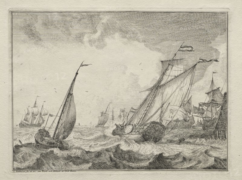 Ships in a Gale, 1701. Ludolf Backhuysen (Dutch, 1631-1708), Ludolf Backhuysen (Dutch, 1631-1708). Etching; sheet: 22 x 29.3 cm (8 11/16 x 11 9/16 in.); platemark: 17.6 x 23.6 cm (6 15/16 x 9 5/16 in.)