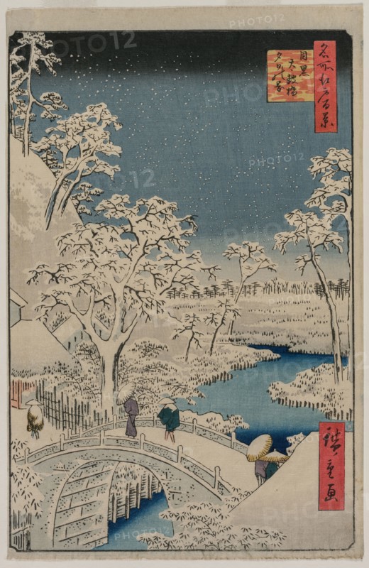 Picture of Twilight at the Drum Bridge in Meguro (from the series 100 Views of Famous Places in Edo), 1857. Ando Hiroshige (Japanese, 1797-1858). Color woodblock print; sheet: 23.2 x 36.1 cm (9 1/8 x 14 3/16 in.).