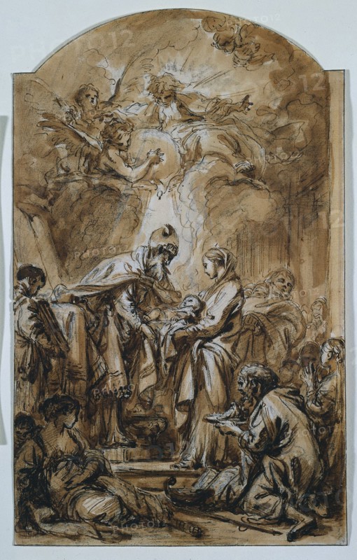 The Presentation in the Temple, c. 1770. François Boucher (French, 1703-1770). Pen and brown ink, brush and brown wash, and black chalk, heightened with white paint, framing lines in brown ink; sheet: 32.3 x 20 cm (12 11/16 x 7 7/8 in.); framed: 66 x 50.9 x 6.4 cm (26 x 20 1/16 x 2 1/2 in.).