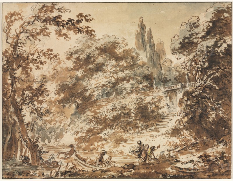 Scene in a Park, c. 1760. Jean-Honoré Fragonard (French, 1732-1806). Pen and brown and gray ink, brush and brown and gray wash, and traces of yellow watercolor over black chalk; framing lines in black ink; sheet: 19.2 x 25 cm (7 9/16 x 9 13/16 in.); secondary support: 19.2 x 25 cm (7 9/16 x 9 13/16 in.).