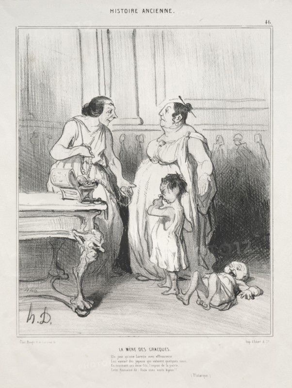 published in le Charivari (no. du 23 décembre 1842): Ancient History, plate 46: The Mother of the Gracchi, 1842. Honoré Daumier (French, 1808-1879), Aubert. Lithograph; sheet: 34.2 x 26.4 cm (13 7/16 x 10 3/8 in.); image: 24 x 19.8 cm (9 7/16 x 7 13/16 in.).