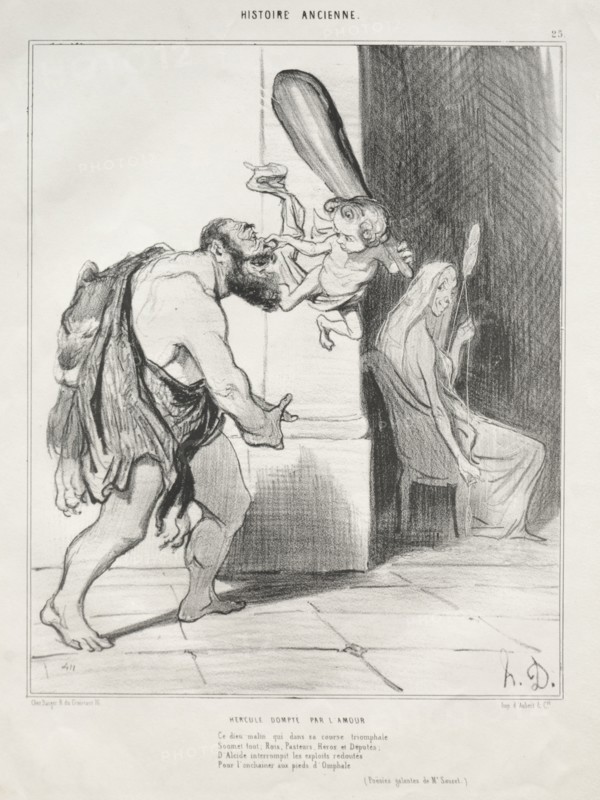 published in le Charivari (no du 18 septembre 1842): Ancient History, plate 25: Hercules Subdued by Cupid, 18 September 1842. Honoré Daumier (French, 1808-1879), Aubert. Lithograph; sheet: 33.3 x 26.4 cm (13 1/8 x 10 3/8 in.); image: 24.8 x 20.2 cm (9 3/4 x 7 15/16 in.)